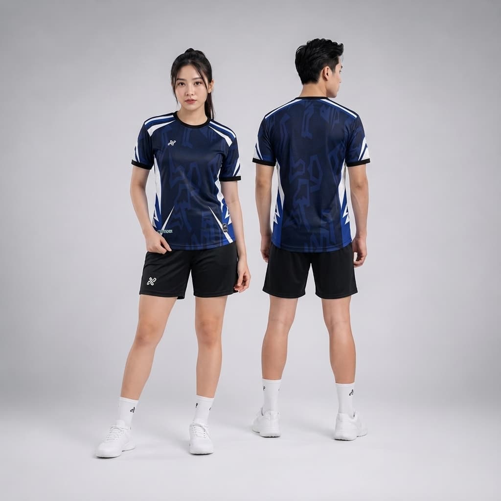 Mẫu model nam và nữ mặc áo thể thao trong studio